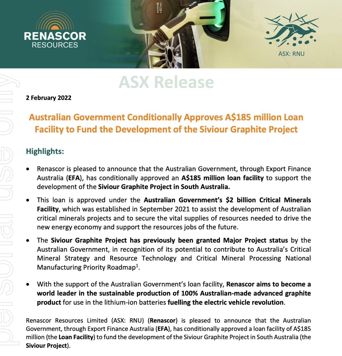 Australian Government conditionally approves A$185 million loan facility to fund #Renascor’s Siviour #Battery #Anode material project in South Australia. 100% #Australianmade Purified Spherical #Graphite. #criticalminerals #ESGinvesting #CleanEnergy #Sustainability #HFfree $RNU