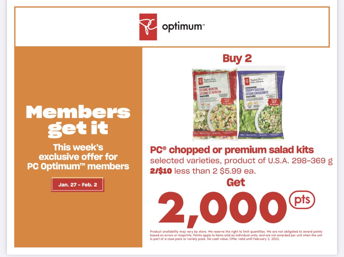 Check out these great members only deals and @pc_optimum points on salads, dressings, wings and mixes! Tuesday looks tasty and lots of savings! 
#membersonly #deals #snacks #food https://t.co/Y7M4c69xz0