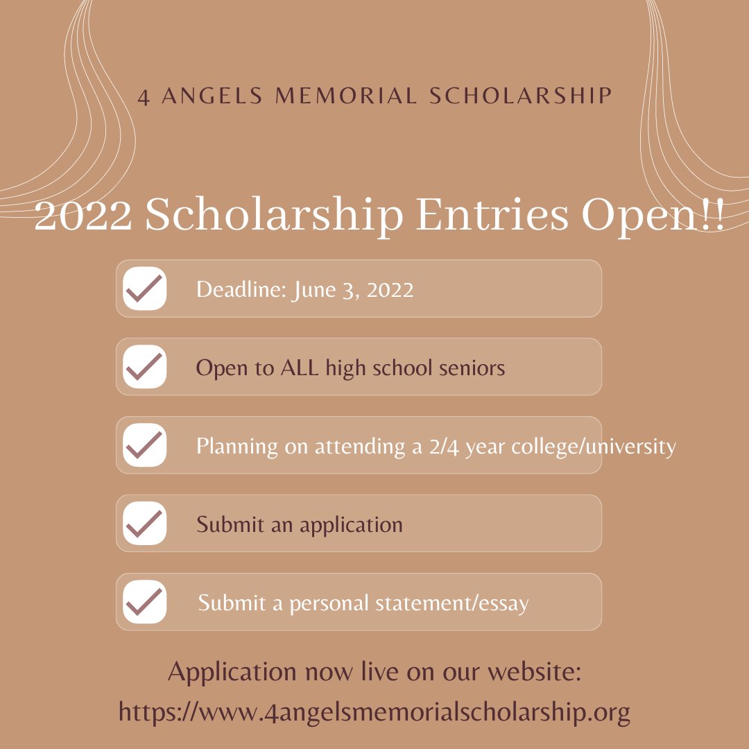 4AngelsMemorial's tweet photo. Happy New Year Everyone! We’re back for our 2022 cycle. Applications are now open with a deadline of 06/03/2022. 

$2,000 to one high school senior planning on attending a 2 or 4 year college/university. Application is on our website. Link is in our bio☺️ https://t.co/yhkTQVMSVM