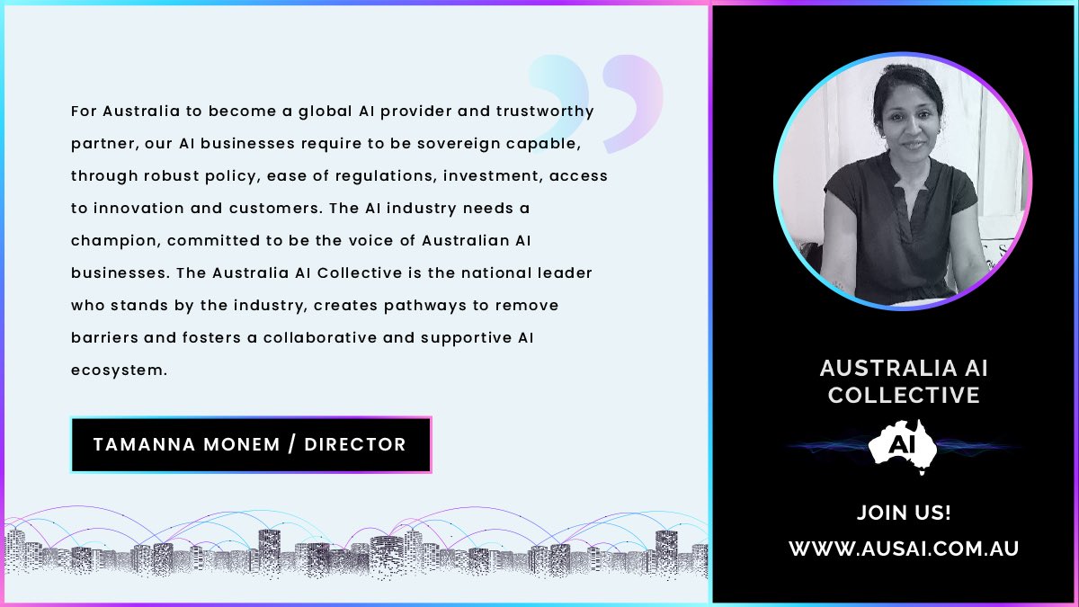 Australia Artificial Intelligence Collective (@aus_ai) on Twitter photo We’re excited to announce Tamanna Monem <a href="/PianoAhmed/">Tamanna Monem Piano</a> has joined our board of directors. Welcome Tamanna! 🎉
Find out more about AAIC’s mission & lend your voice to help set a vision & shape the future of the AI industry in Australia! 👉ausai.com.au
#AI #AAIC #AusAI We’re excited to announce Tamanna Monem <a href="/PianoAhmed/">Tamanna Monem Piano</a> has joined our board of directors. Welcome Tamanna! 🎉
Find out more about AAIC’s mission & lend your voice to help set a vision & shape the future of the AI industry in Australia! 👉ausai.com.au
#AI #AAIC #AusAI