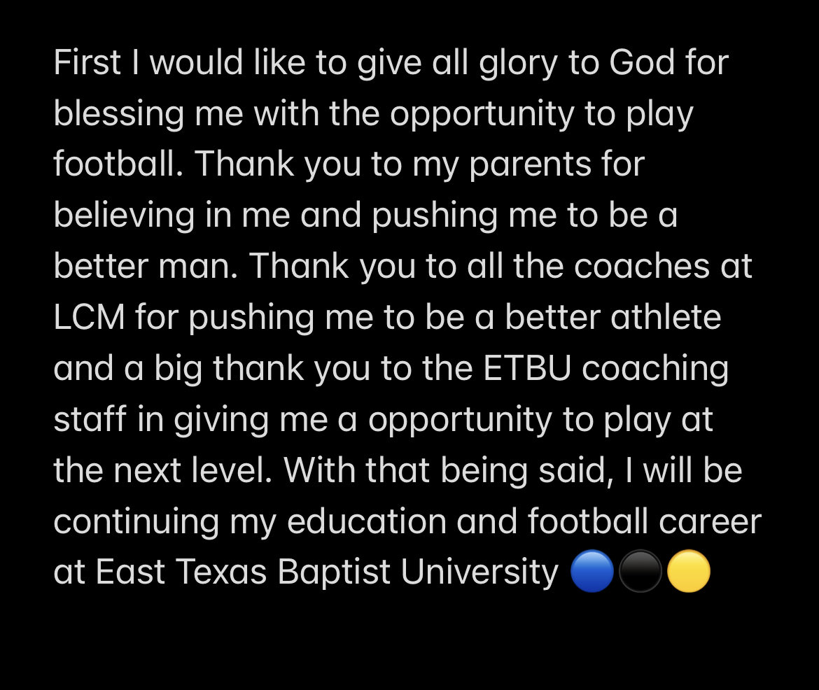 1000% committed ⁦<a href="/ETBU_Football/">ETBU Football</a>⁩ ⁦@Coach_MasonETBU⁩ ⁦<a href="/ETBUCoachRu/">Coach Ruzicka</a>⁩ 🔵🟡⚫️