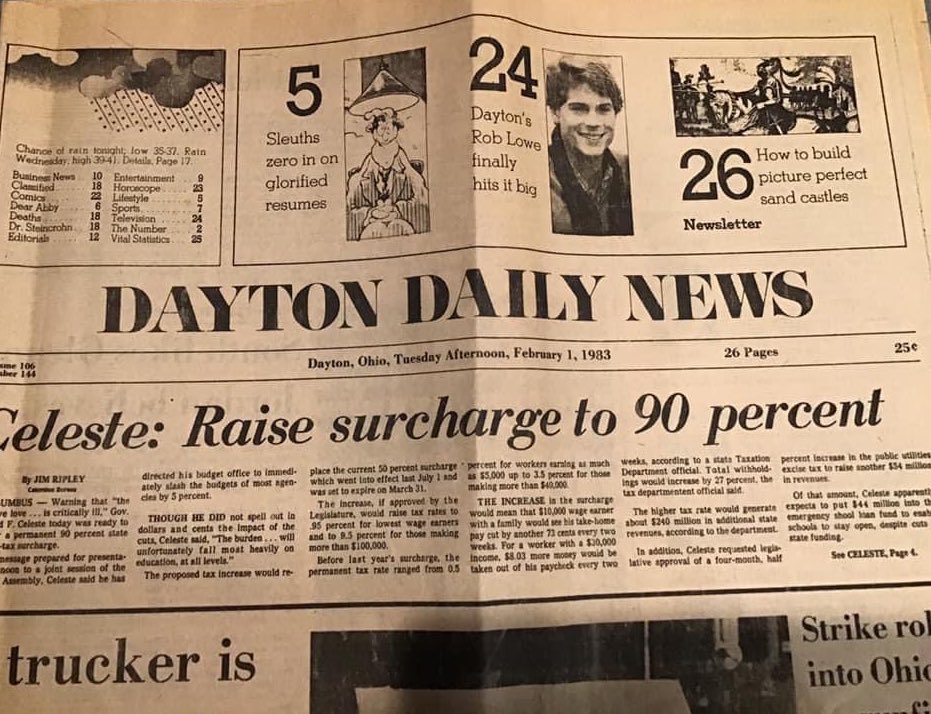 Dayton Daily News: Dayton’s Rob Lowe finally hits it big. 
February 1,1983
<a href="/RobLowe/">Rob Lowe</a>
