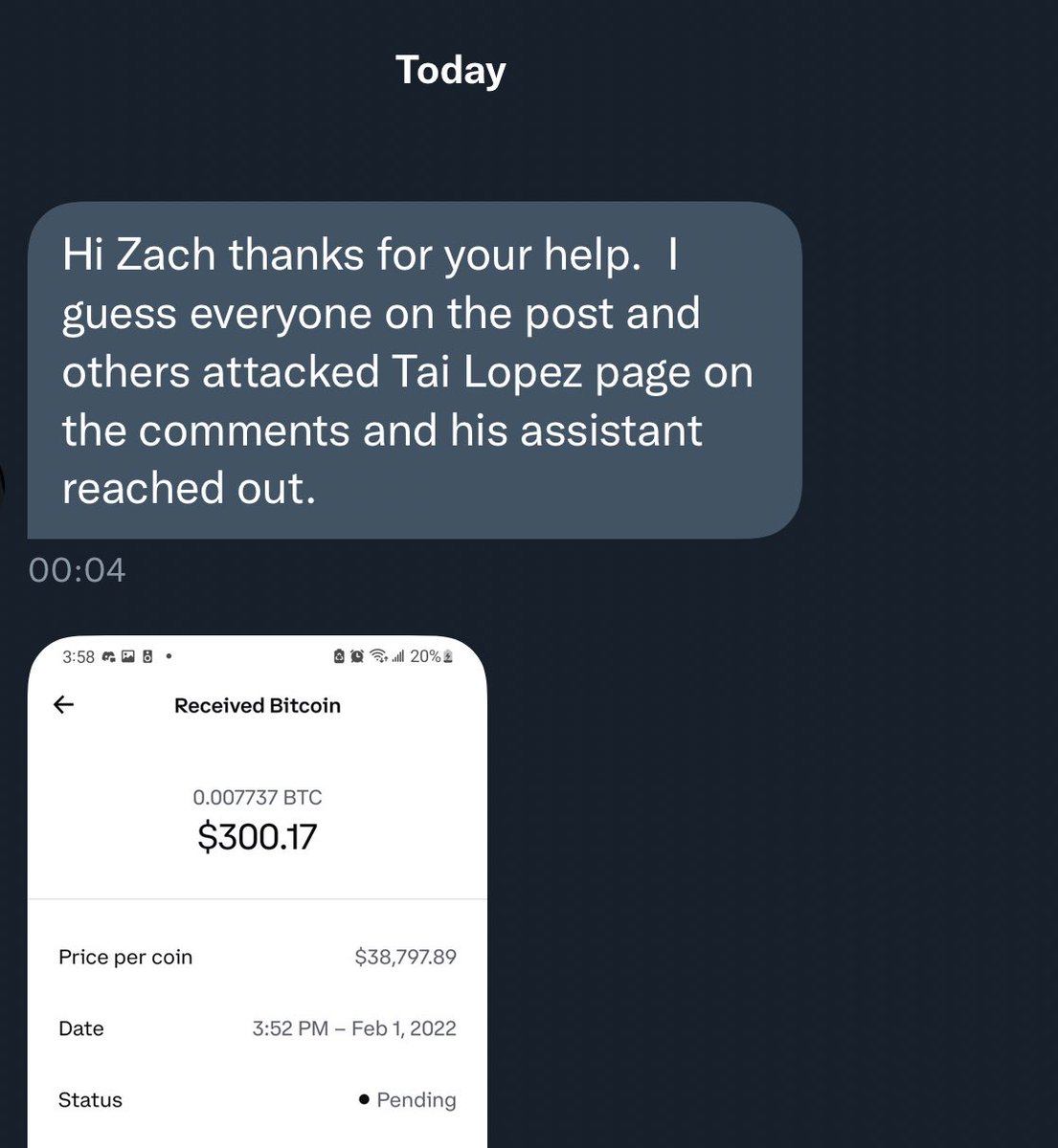 zachxbt's tweet photo. What do you know Tai Lopez coincidentally paid after my post https://t.co/rCJ9vORi83