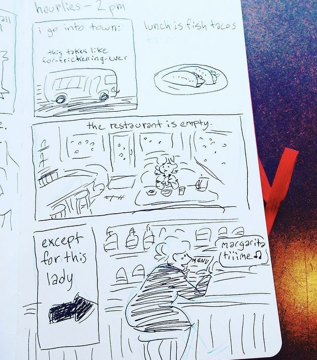 I'm not doing hourlies, but every hourly comics day I think of this lady I drew at lunch years ago. Hope it's still margarita time somewhere. 