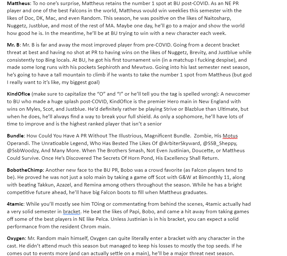 Smash_BU's tweet image. Sorry for the delay, but congratulations to the BU PR for Fall 2021! Shoutout to @ethanrrs for all the amazing graphics
PR Panel: @Gruv_Train @MrB_SSB @4tamic 
Player descriptions for the PR were written by @MrB_SSB