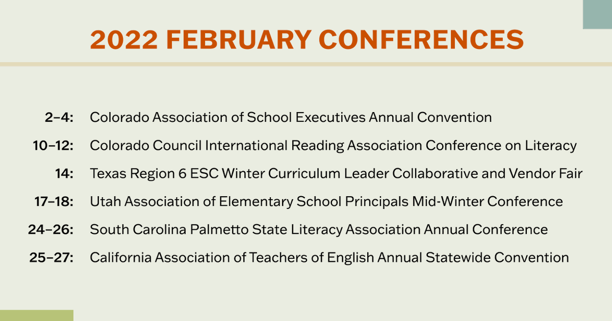 GreatMindsEd's tweet photo. We’re excited to see educators across the country at these state conferences and events this month. Stop by and say hello or attend a presentation to learn more about our knowledge-building instructional materials. #HQIM https://t.co/m7ev2CmH3f