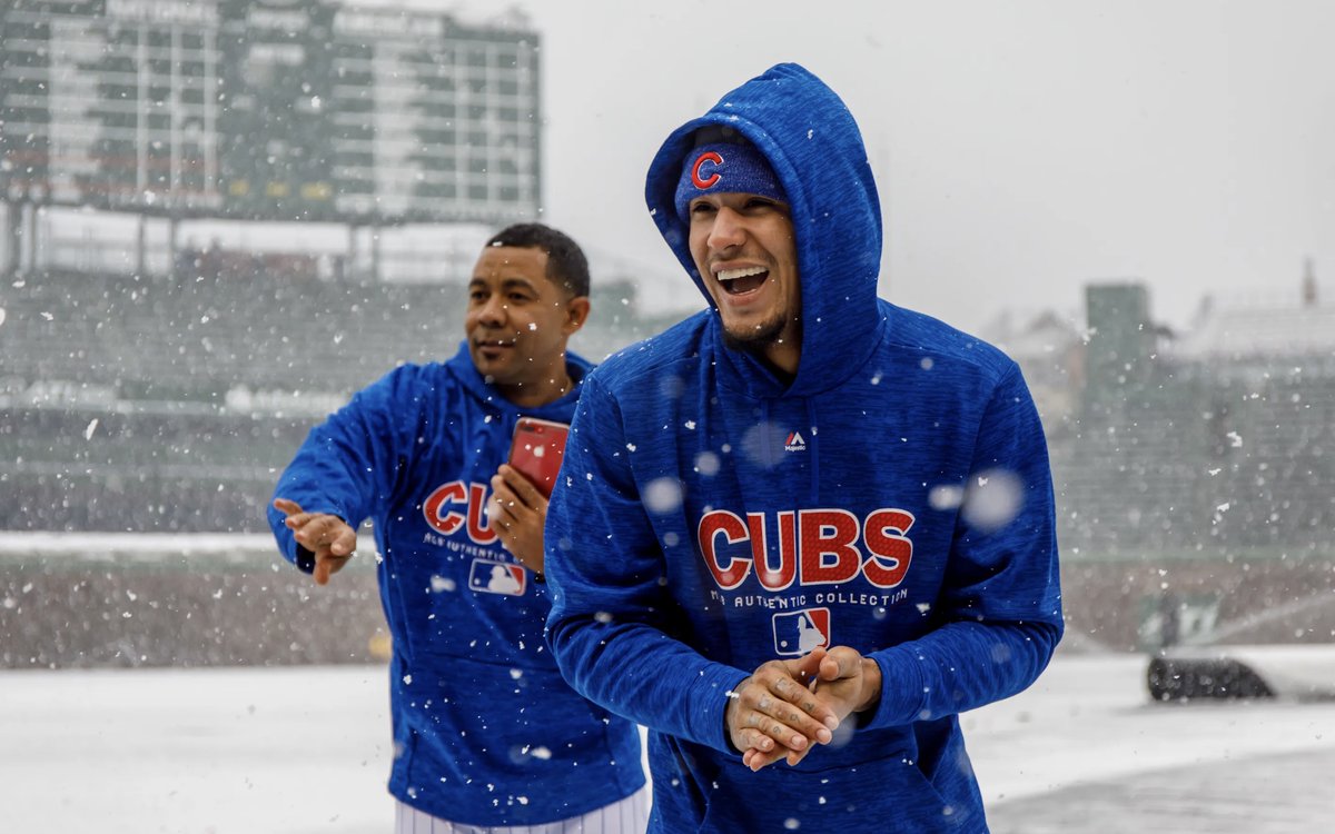 BleacherNation's tweet photo. With serious snow on the way, I'm reminded of the Cubs' Snow Day at Wrigley Field in 2018, when they had to postpone the home opener. Simpler times. https://t.co/KdkkR11cq7