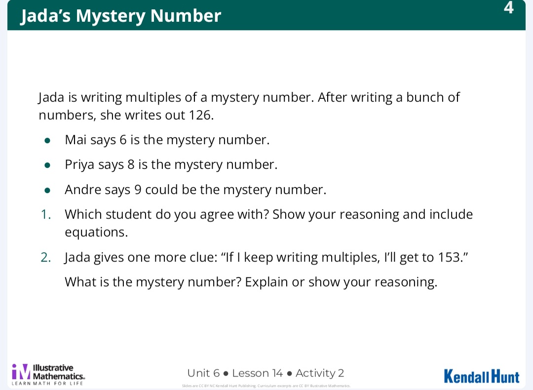 Today students amazed me with their critical thinking on Jada's Mystery Number Problem from <a href="/IllustrateMath/">Illustrative Mathematics</a>. 4th grade Unit 6 Lesson 14. #GrowingMinds #BaleElementaryLRSD