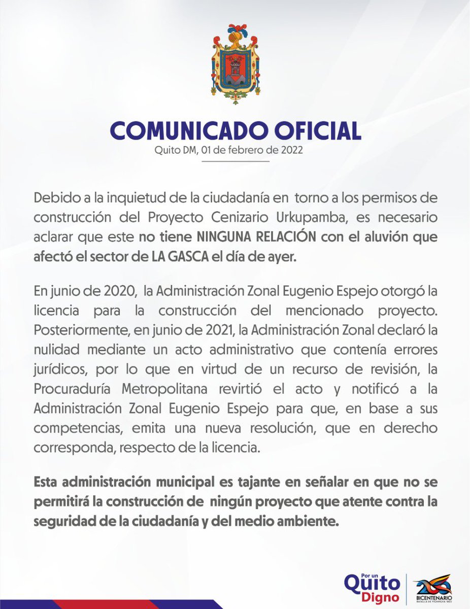 MunicipioQuito's tweet photo. 📄#ComunicadoOficial | Sobre el Proyecto Cenizario Urkupamba, el Municipio de Quito informa: https://t.co/KESGo8qX4Z