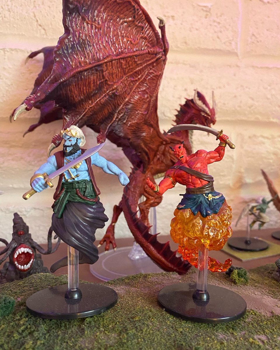 TavernSquad's tweet photo. That one time the Djinn and Efreet took on a Red Dragon 🐉 ⚔️All made by Wizards of the Coast #wizardsofthecoast #dndbeyond #epicbattlefantasy #miniatures #dndminis #giantminiatures https://t.co/YqbjQS18AN