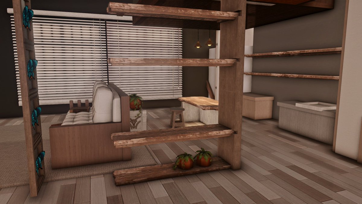 AshenBride's tweet photo. I thought I'd share WIP 🛠️ that didn't make it for the Scandinavian Cottage. I started to build early December when expac launched, so my idea for the shelf was a lot of butterflies👀 I was really lost on the TV wall before I  made a clean corner with recessed door https://t.co/cYGNvfJ3An