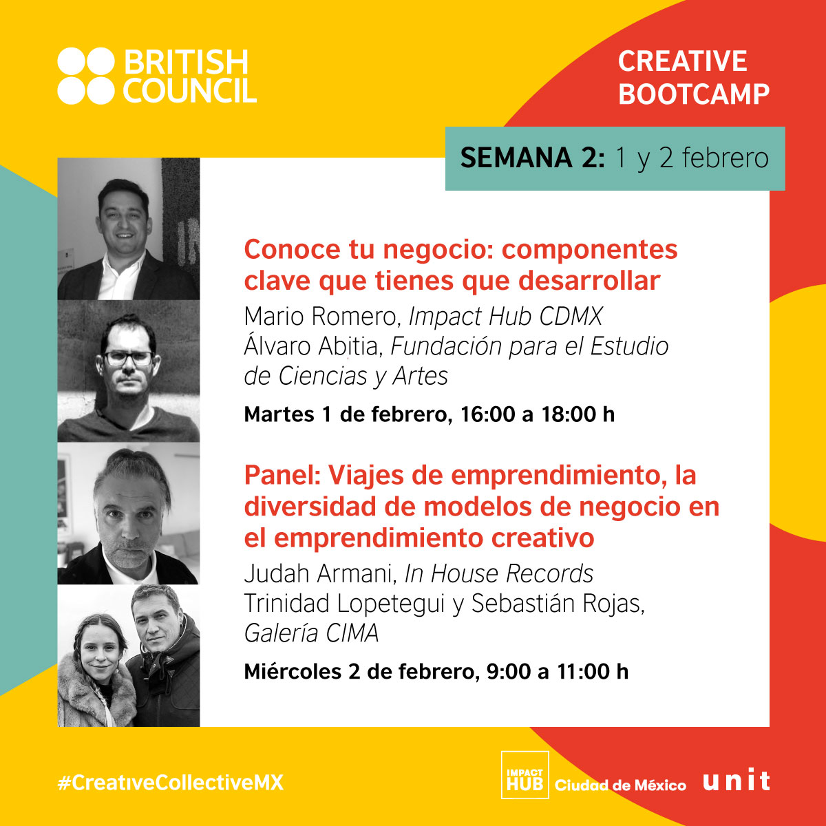 mxbritish's tweet photo. 🧑🎨 Siguen las conferencias de #CreativeBootcamp ¡Anótalas en la agenda!
Conoce tu negocio
📅 Feb1 🕰 16H
Viajes de emprendimiento, la diversidad de modelos de negocio en el emprendimiento creativo
📅 Feb2 🕰 9H
✉ No olvides revisar tu correo para obtener los accesos. https://t.co/yhbUhNQUza