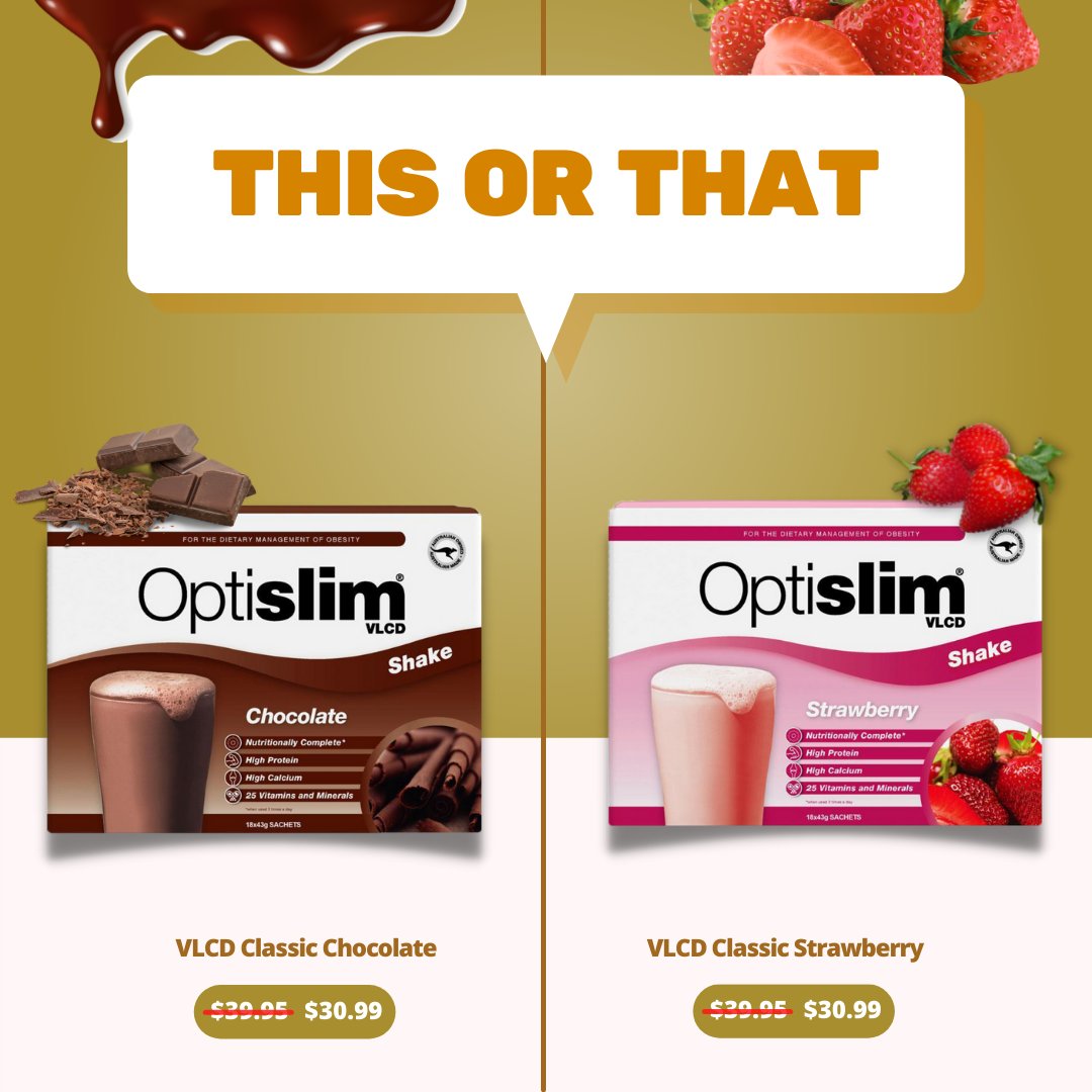 OptislimAUS's tweet photo. Chocolate or Strawberry? ⁠
⁠Our VLCD Classic shakes are 22% for a limited time only. ⁠
Link: https://t.co/YsAiI2k2GR
⁠#optislimau #strawberryshake #chocolateshake #optislim #weightlossprogram #weightlossjourney #vlcd #lowcalorie https://t.co/gjq5zBa3La