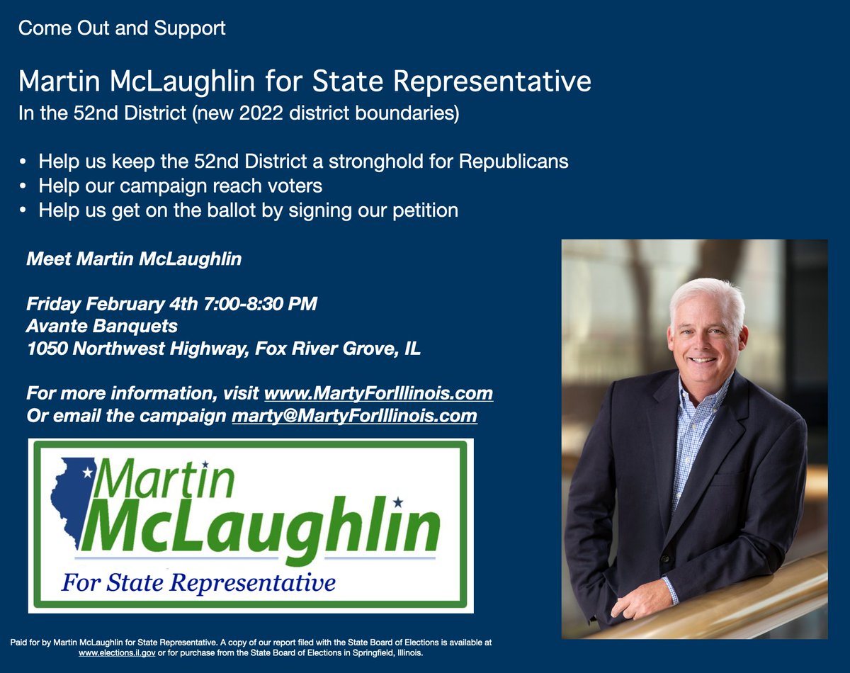 MartyForIL's tweet photo. Calling Cook, Lake &amp; McHenry County voters!
Petition signing opportunity Friday night, February 4th at Avante Banquets in Fox River Grove. #IL52 https://t.co/h60nHA7juE