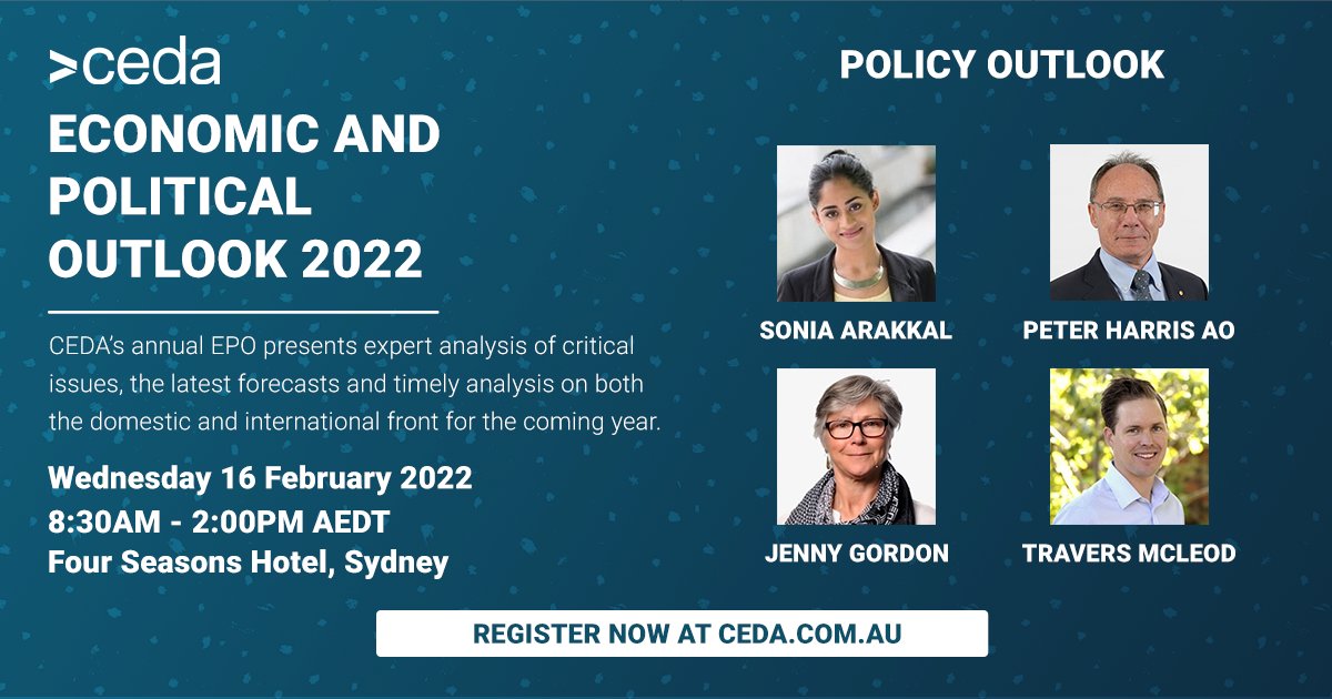 On the panel for #EPO22's Policy Outlook discussion:
- @sonia_arakkal (@thinkforwardaus)
- Peter Harris (@global_infra Partners)
- Jenny Gordon (ex DFAT)
- @TraversMcLeod (@CentrePolicyDev).
Register now at https://t.co/prVoqtazRb. https://t.co/ilWtO4fYhf