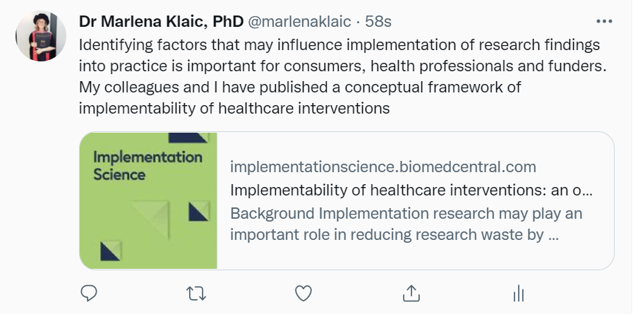 Identifying factors that may influence implementation of research findings into practice is important for consumers, health professionals and funders. My colleagues and I have published a conceptual framework of implementability of healthcare interventions #impsci #healthcare