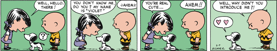 peanuts_no's tweet photo. February 7, 1951- Violet Gray first appears, as the 5th member of Peanuts. She was the first character to do the now famous Lucy-Football gag. Her appearances lessened after newer characters came in but she was around until 1997 in the strips.  #Peanuts #VioletDay https://t.co/WSQaxGJHcF