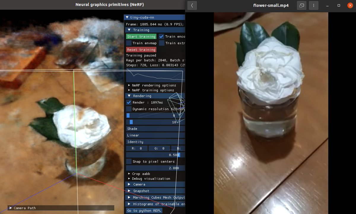 Testing instant-ngp for 3D modelling. Trained in a few seconds using 35 180x320 frames from a video "in the wild", on a GTX 1660 6GB VRAM #AI #MachineLearning