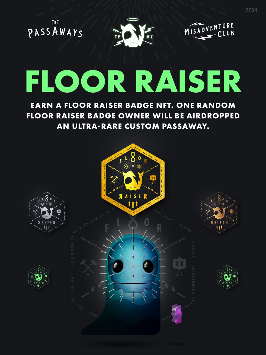ThePassaways's tweet image. 🔥 Passaways FLOOR RAISER Event 🔥

Earn exclusive badges. 1 random badge holder will be airdropped the ultra-rare FLOOR RAISER Passaway in Feb.

Full details: Passaways.com/e/floor-raiser

#TDROP #NFTs #NFTGiveaway #NFTCommunity #999ERHasUtility