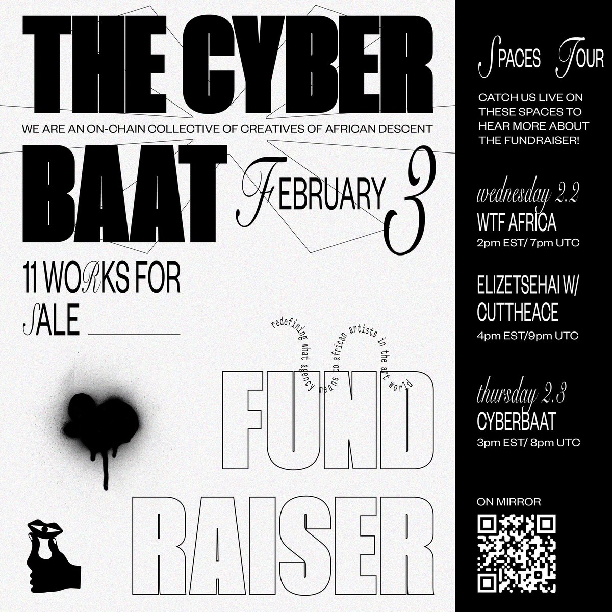 cyberbaat's tweet photo. The Cyber Baat Dao members will be doing a Spaces Tour on Wednesday 2/2/2022. Check out details below.

Catch us live on these Spaces to learn more about the Dao and the Fundraiser.

Follow our hosts: @eliztsehai, @cuttheace &amp; @nxthingworld 
 
#NFTCommunity #NFT #cyberbaatdao https://t.co/nQkZ3Tf3fp