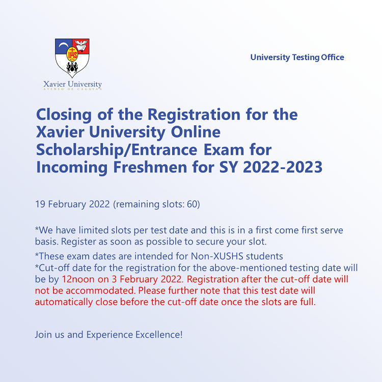 XavierAteneo's tweet photo. Closing of the Registration for the Xavier University Online Scholarship/Entrance Exam for Incoming Freshmen for SY 2022-2023

for more info, pop over here: https://t.co/xW0CiMqgJD https://t.co/ql5nUt5pRg