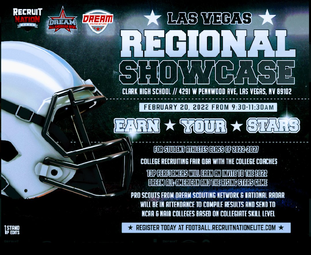 <a href="/NVfootballmag/">Nevada Football Magazine</a> 
Hey we're back in Las Vegas!!!

You're invited:

Location: Clark High School
W. Pennwood Ave. 
Las Vegas

Feb, 20  
9:30am

Order your tickets today @ 
football.recruitnationelite.com/exposure?affil…
Don't forget to create your free profile!!! 
DreamScoutingNetwork.com/profile
@dreambowlgame