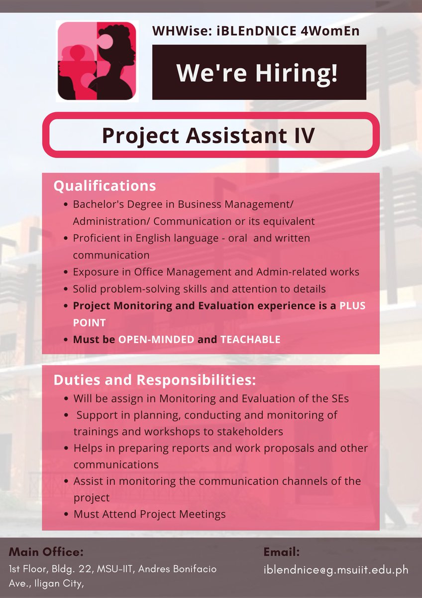 ideya_cit's tweet photo. URGENT HIRING ‼️ Have you heard? 
WHWise: i B L E n D N I C E  4WomEn, a DOST PCIEERD funded project, is looking for a passionate, hardworking PROJECT ASSISTANT IV to join the team! https://t.co/ZCVl5AQJEX