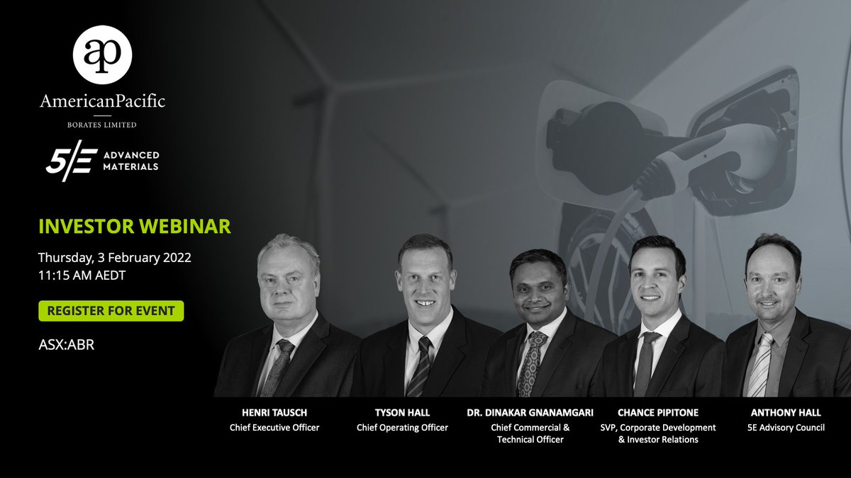 APBorate's tweet photo. Reminder to register for the $ABR.ax Investor briefing with the executive management team who will deliver a Company presentation, update on the US listing and Q&amp;A.

Thursday 3rd Feb 2022
11:15 am (AEDT)
Register to attend: https://t.co/jEkh6U03lJ

#borates #boron @5EAMaterials https://t.co/snm94bLvPY