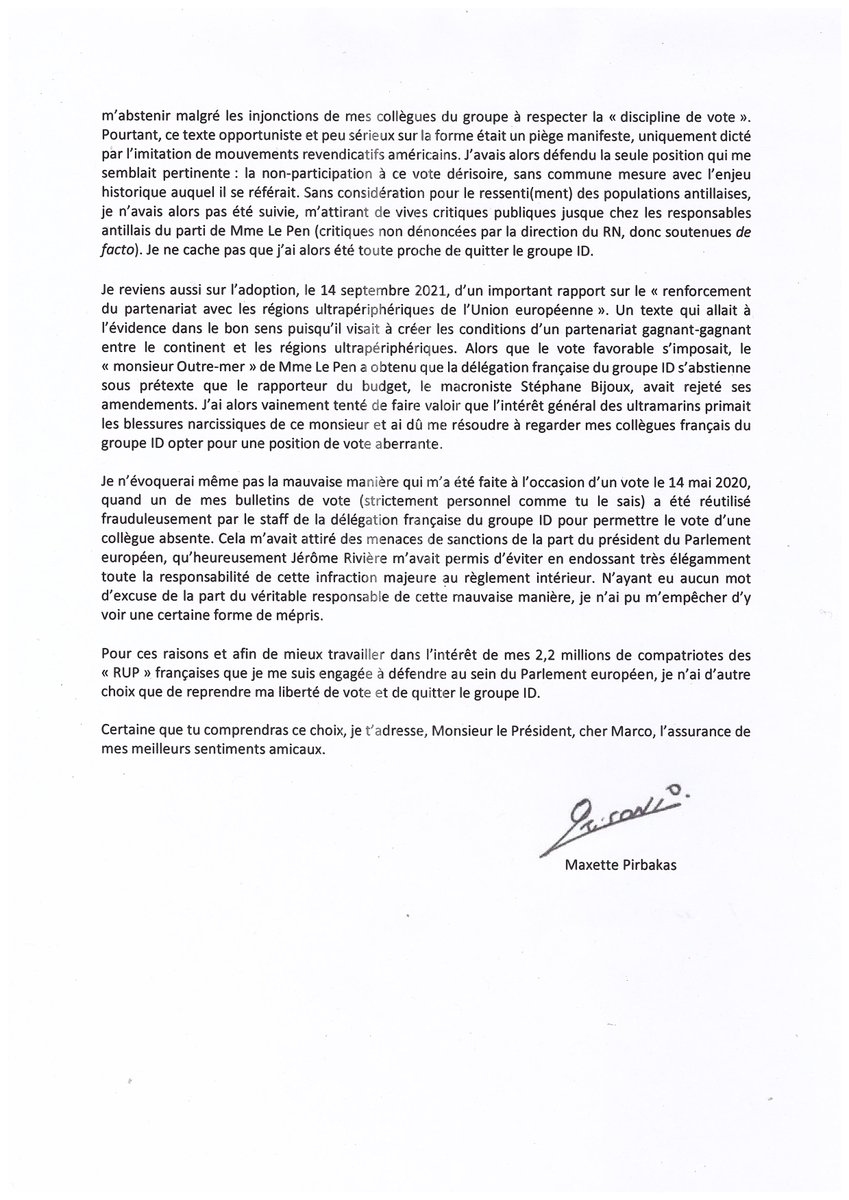 MaxettePirbakas's tweet photo. ✏️ La lettre que j'ai envoyée à Marco Zanni, président du groupe Identité et Démocratie, pour lui expliquer les raisons de mon départ du groupe au Parlement européen. Soulagée de pouvoir enfin dire publiquement les choses. ↘ https://t.co/nKr4ylGisD