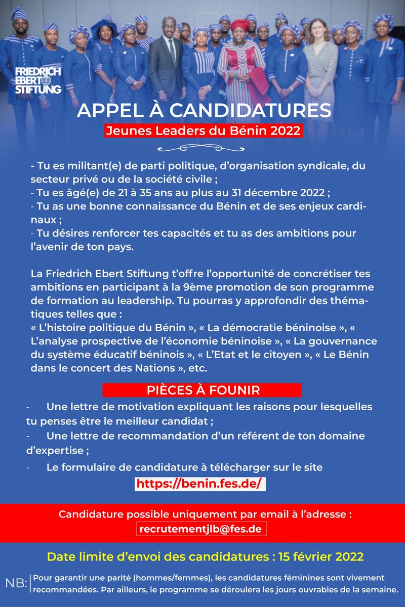 Retrouvez le formulaire de candidature sur le site de la Fondation Friedrich Ebert Bénin benin.fes.de/e/appel-a-cand…

#JLB2022