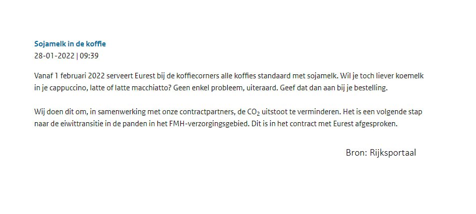 Kijk ze bij <a href="/MinBZK/">Ministerie van BZK</a> eens goed bezig zijn! #DefaultSwap

Sojamelk heeft een 50% lagere carbon footprint dan koemelk. Per liter bespaar je 600 gram CO2-eq. Als alle koffiecorners in Nederland dit invoeren, scheelt dat tonnen broeikasgasuitstoot.

Via @jantenCate