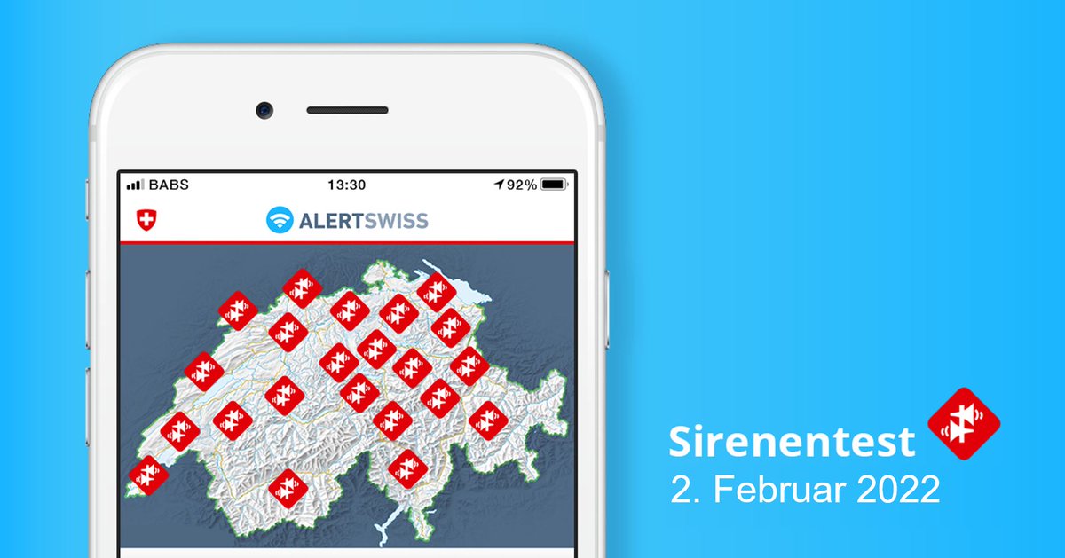 Alertswiss's tweet photo. Heute findet in der ganzen Schweiz der jährliche Sirenentest statt. Wie in den letzten Jahren wird auch #Alertswiss getestet. Jetzt @Alertswiss-App herunterladen und beim #Sirenentest via Handy 📱 informiert sein. https://t.co/UGlgqYNzGV https://t.co/tVkvAeylqf