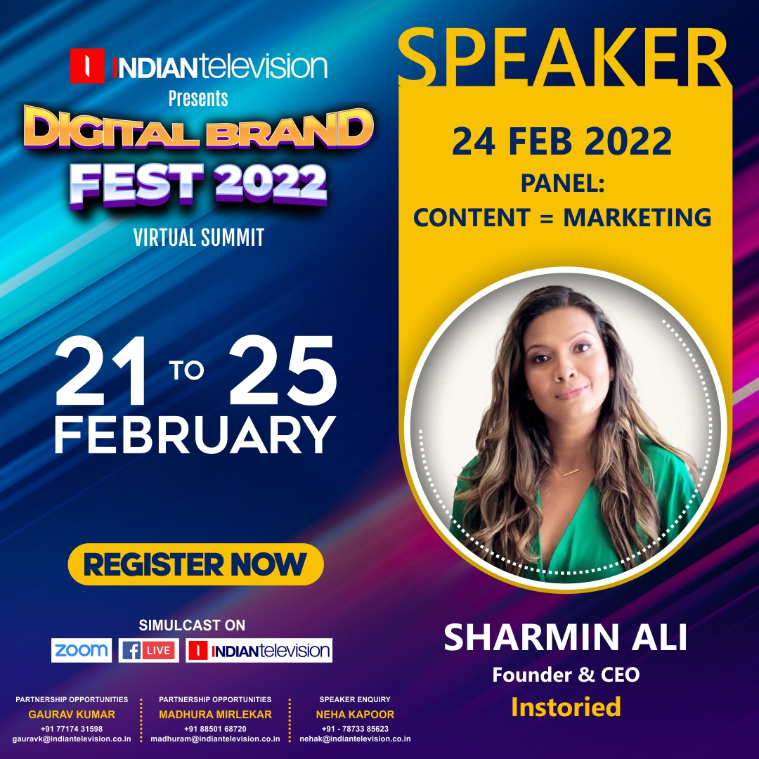 ITVNewz's tweet image. Welcoming #Instoried Founder &amp;amp; CEO, #SharminAli at Indian Digital Brand Fest 2022!

Register Now &amp;amp; Block your Date 21st to 25th February '22

Register Now:  indiantelevision.com/events/digital… 

#DigitalBrandFest2022
