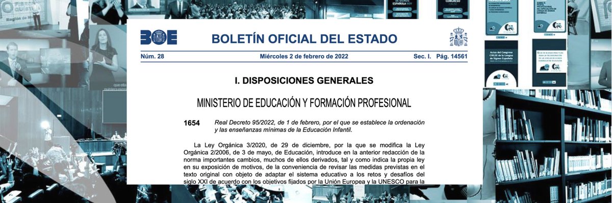 Acaba de publicarse el Real Decreto 95/2022, por el que se establece la ordenación y las enseñanzas mínimas de la Ed. Infantil.

Su art. 13.6 indica que “las admón. educativas podrán incorporar a su oferta educativa las lenguas de signos españolas".

BOE➡️ boe.es/boe/dias/2022/…