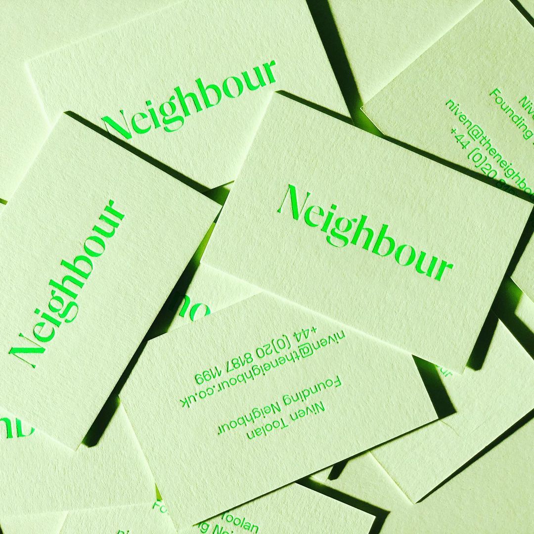 Neon green foil on Colorplan Pistachio for <a href="/Neighbouronsoc1/">Neighbouronsocial</a>, by <a href="/MadeByParent/">Parent®</a>.