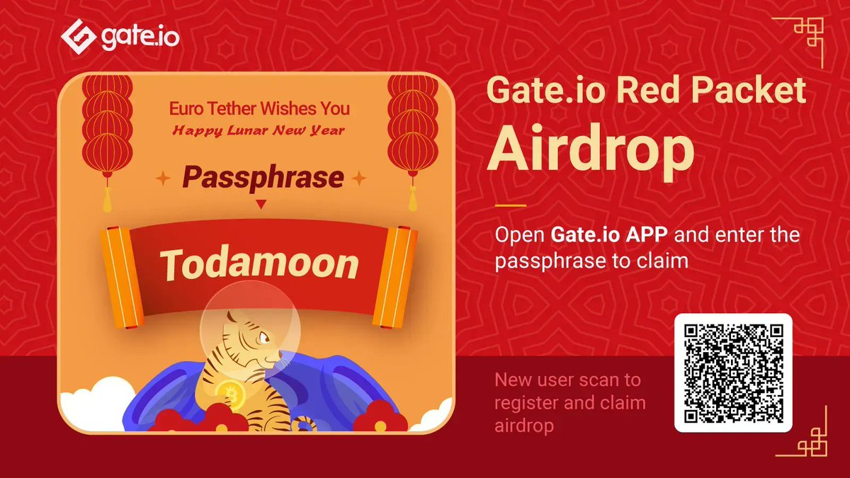 Gate's tweet photo. 🧧 https://t.co/8kWqgEeplL Lunar New Year Red Packet #Airdrop is LIVE - Day 2

Today's Passphrase: Todamoon

🚀 Login to #Gateio App 
🚀 Enter the Code and Share in a $5000 Prize Pool
🚀 RT &amp; Win $100: https://t.co/l56DA1mrdr

Tutorial: https://t.co/fQ2iRlAxdc

#CryptoGiveaway https://t.co/m2YdkkECEi