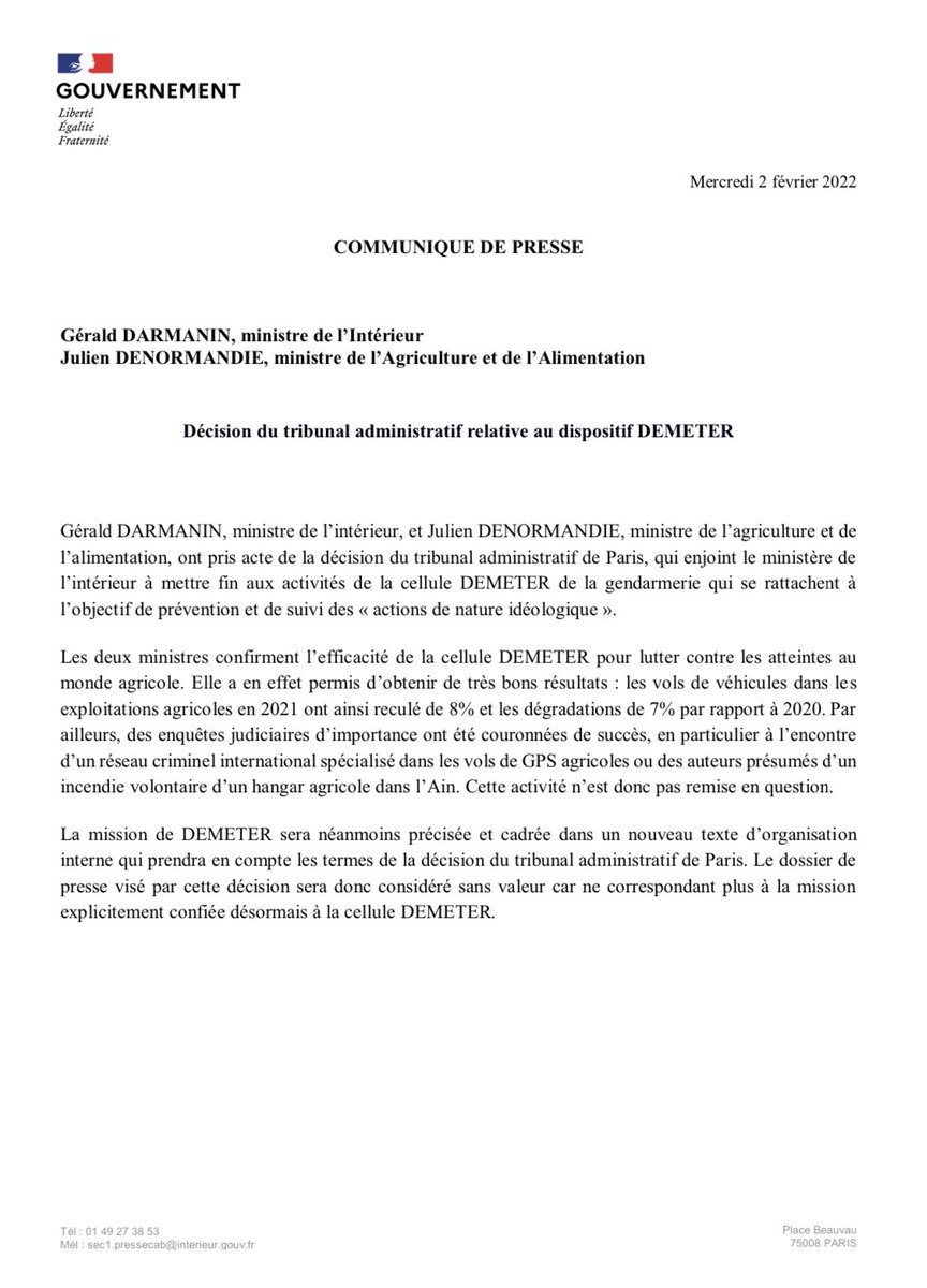 Avec <a href="/GDarmanin/">Gérald DARMANIN</a>, nous confirmons l’efficacité de la cellule DEMETER pour lutter contre les atteintes au monde agricole ⤵️
