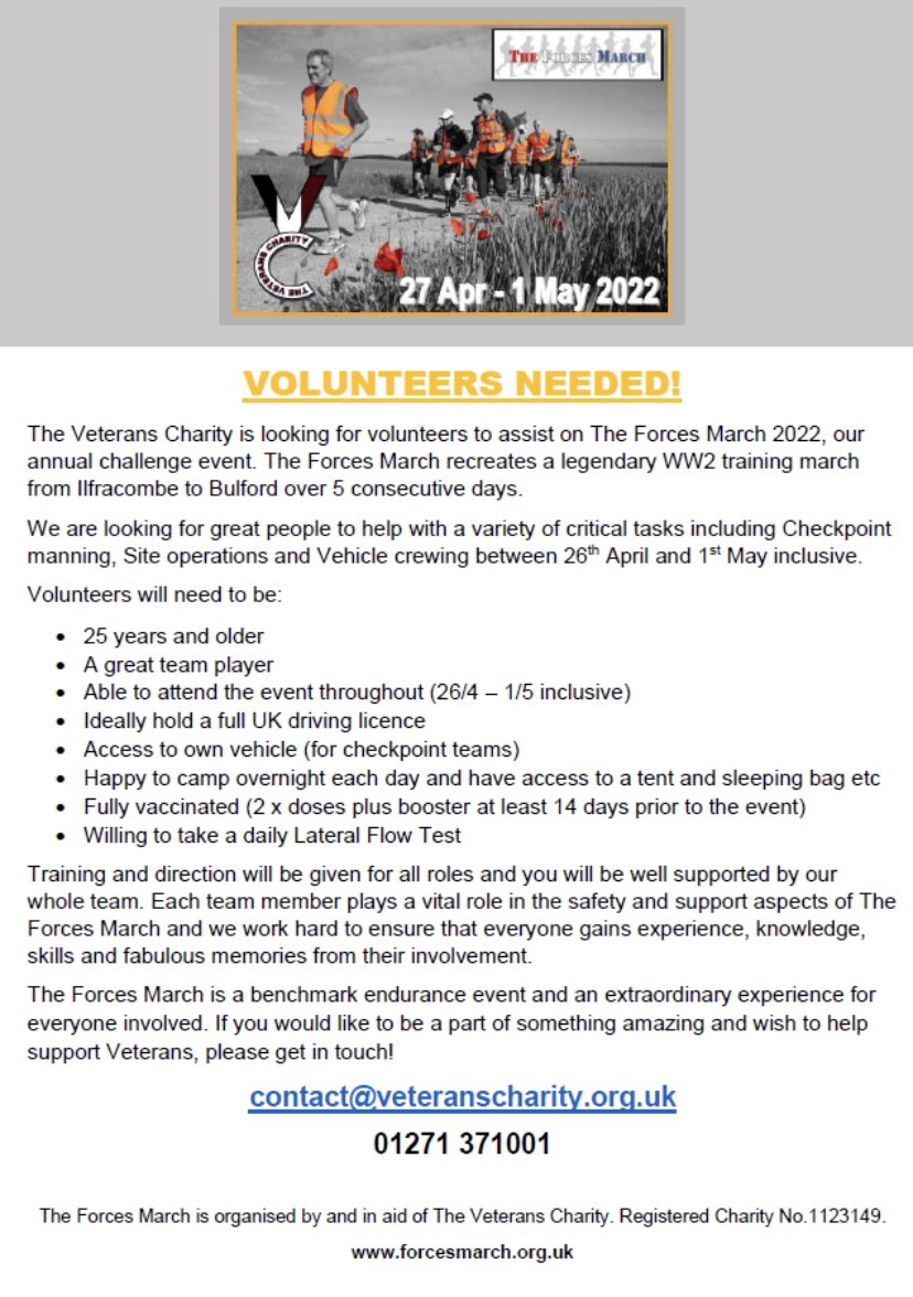 Be a part of something amazing and join our incredible team of volunteers on <a href="/forcesmarch/">THE FORCES MARCH</a> 2022!

Spend 5 days amongst glorious scenery and amongst remarkable people helping to manage a unique challenge event which retraces the footsteps of WW2 heroes.