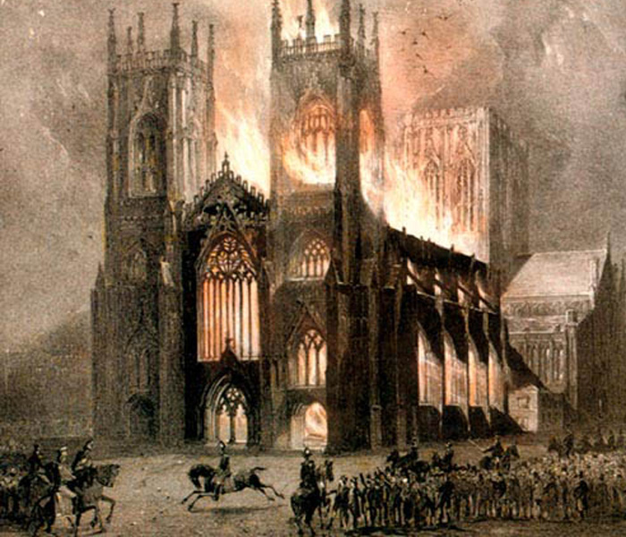 #OTD 2 February 1829: Jonathan Martin, brother of the painter John Martin, sets fire to York Minster, after he is annoyed by a buzzing sound coming from the organ at Evensong. https://t.co/lr8DRiIj7n