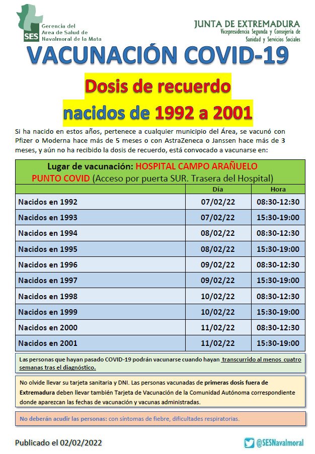 SESNavalmoral's tweet photo. VACUNACION COVID
Dosis de recuerdo nacidos de 1992 a 2001.
Hospital Campo Arañuelo https://t.co/aiSjxE46jx