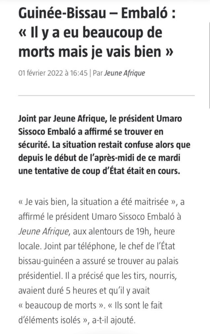 #GuineeBissau -  Le Président Umaro Embaló en sécurité <a href="/jeune_afrique/">Jeune Afrique</a>
<a href="/USEmbalo/">Umaro Sissoco Embaló</a> #Team245