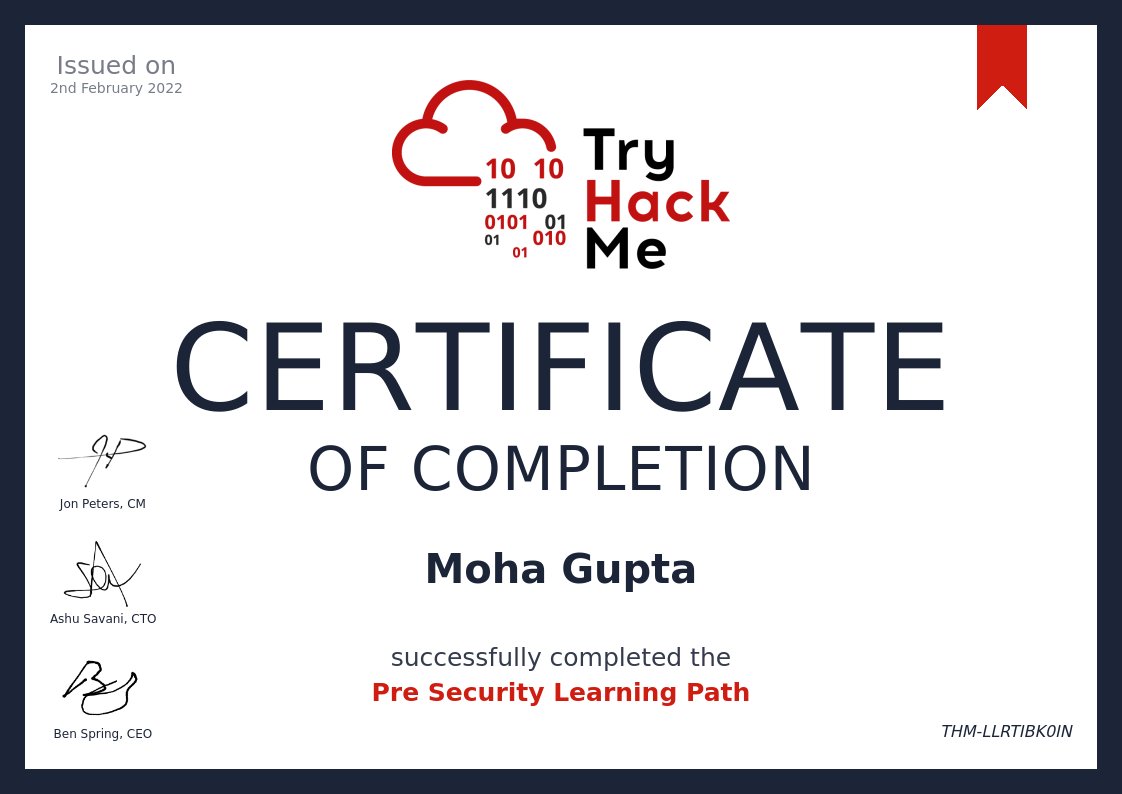 mohaguptaks's tweet image. Finally completed some basics of presecurity. @RealTryHackMe #presecurity #networking #tryhackme #cybersecurity