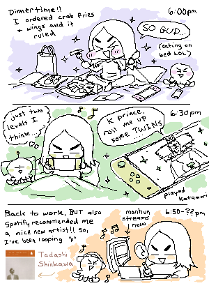 LAST ONE cus I'll probably fall asleep before anymore, THIS WAS FUNNNN >:-9

(also my handwriting is bad, the artist's name is Tadashi Shinkawa! he funnily has an album named "Christy", which is: my name 🐒❤️ GREAT MUSIC relaxing like Lamp &amp; Kirinji ^^) 