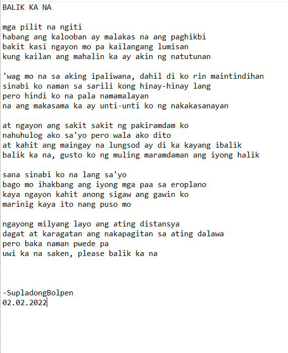 <a href="/karehsah/">♎ℭ𝔞𝔯𝔯𝔢♎</a> BALIK KA NA
by Supladong  Bolpen
inspired by Come Back...Be Here

#NagambalangTinta #SupladongBolpen #RPSC