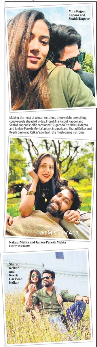 imshiva17's tweet photo. Making the most of winter sunshine, these celebs 
are setting couple goals
ahead of V-day

From #MiraRajput and
@shahidkapoor 's selfie captioned
'Sugarboo' to @NakuulMehta 
and @JankeeParekh 's picnic in 
a park and @SharadK7
and @keerti07 's portrait,
the mush-game is strong https://t.co/pQioo1pC7H