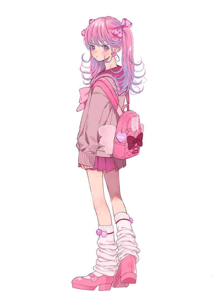 1girl solo skirt pink hair bag socks white background  illustration images