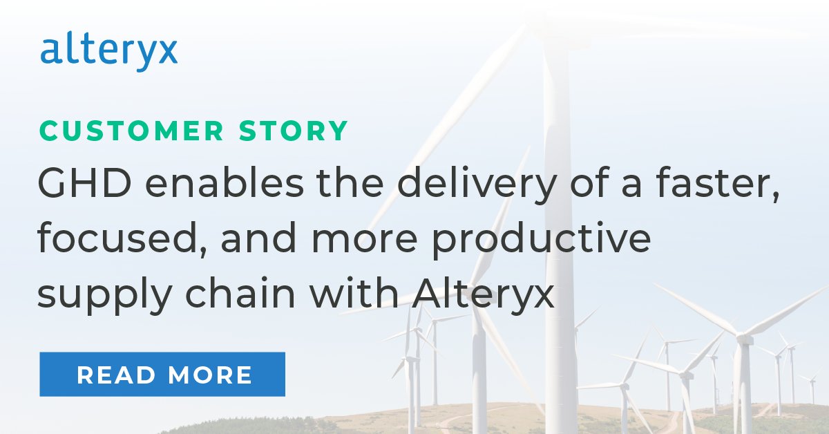 alteryx's tweet image. GHD used Alteryx to narrow 100 million shipping container and commodity records down to 1.9 million with a 99.9965% match accuracy rate. Find out how: ow.ly/2XoI50HIgZj #AlteryxAnalytics #ML #MachineLearning