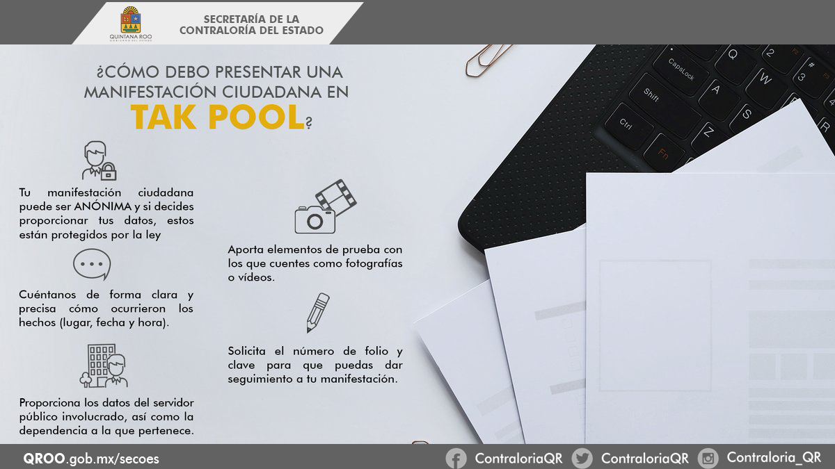 SABGOBQRoo's tweet photo. ¿Sabes cómo presentar una manifestación ciudadana a través de #TakPool? Recuerda que si eres víctima o testigo de un acto irregular de un servidor público, debes presenta tu manifestación aquí: https://t.co/mMbYpDSgzn https://t.co/mIMI6E97xm