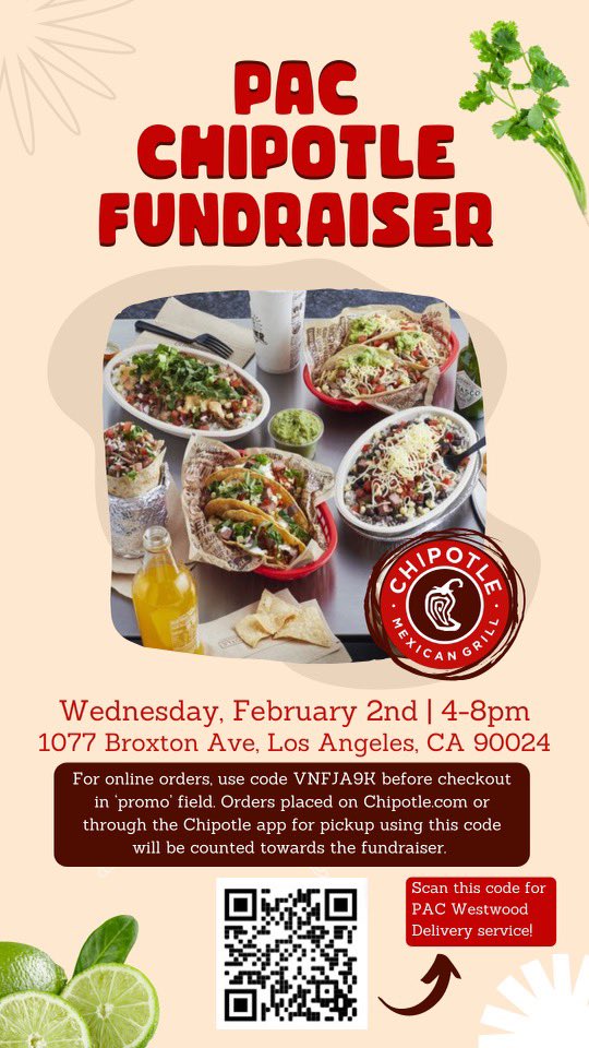 TOMORROW! From 4-8pm, order from Chipotle in Westwood using the displayed promo code to fundraise for PAC. Bring your friends, your family, your neighbors! All orders very much appreciated :)