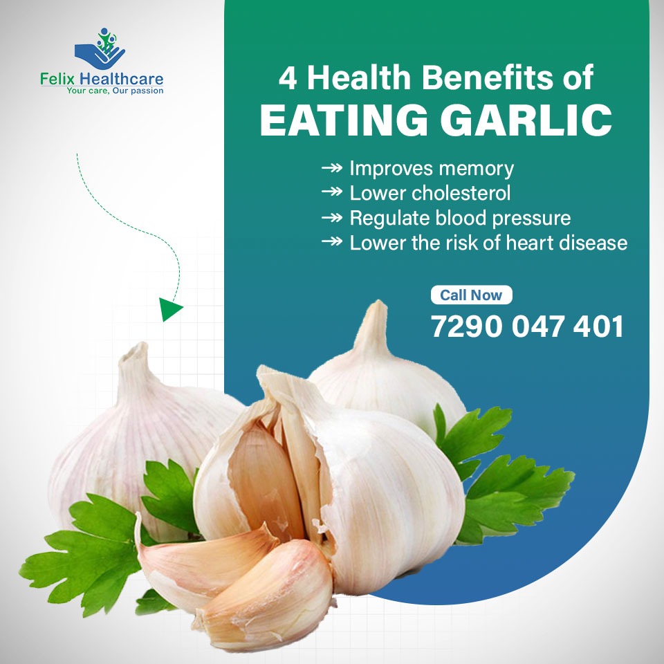 WellnessFelix's tweet photo. "4 Health Benefits of eating Garlic
Improves memory,
lower cholesterol,
Regulate blood pressure,
Lower the risk of heart disease"
#FelixHospital #HealthyFood #Garlic #GarlicBenefits #ImprovesMemory #LowerCholesterol #RegulateBloodPressure #HeartDisease https://t.co/uaXfh4HNNh